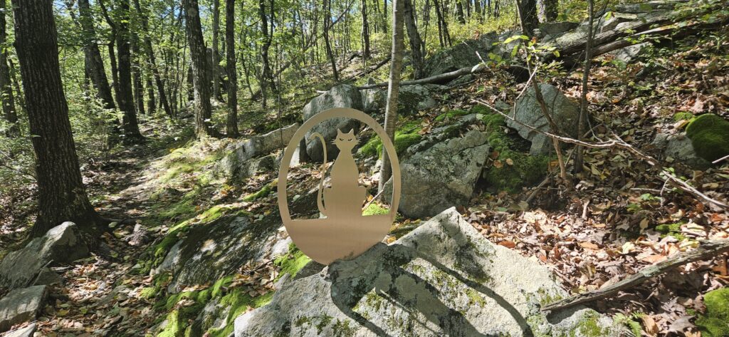 a cat statue on a rock in the woods