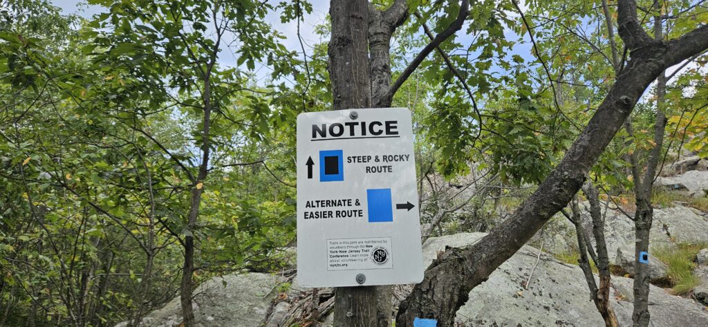 An image of a sign for a hiking trail directing hikers forward for the steep and rocky route and right for the alternate and easier route.