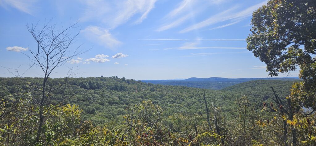 An image of a scenic overlook featuring some mountains and a city skyline in the background