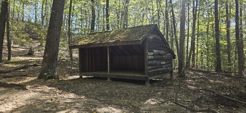An image of a camping shelter in the woods