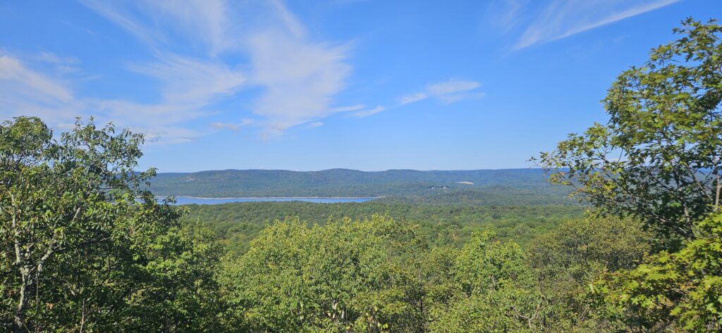 An image of a scenic overlook featuring a large lake and mountains
