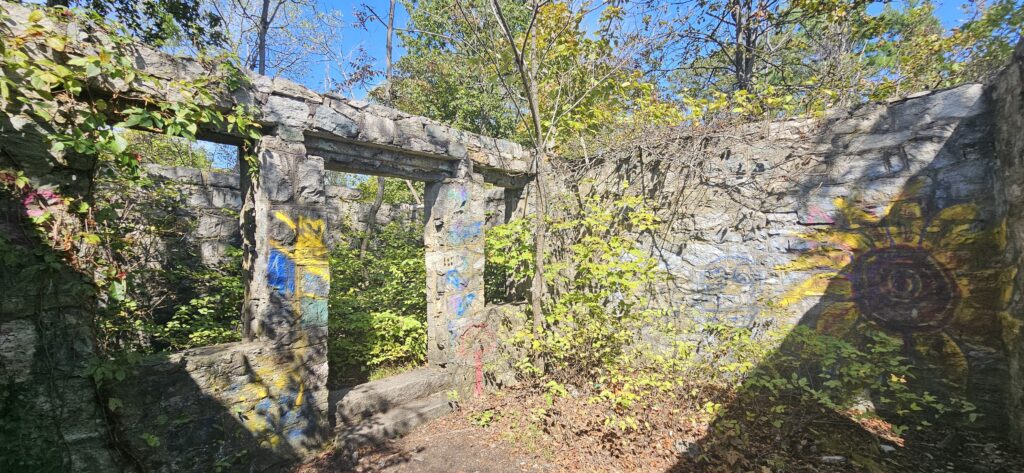 An image of graffiti-covered ruins