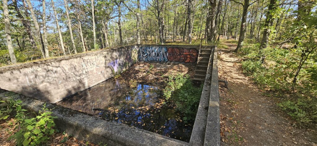 An image of the ruins of an old swimming pool