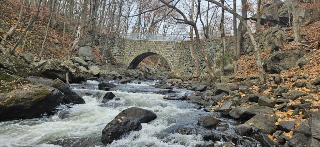 An image of the Rockaway River and a stone arch bridge