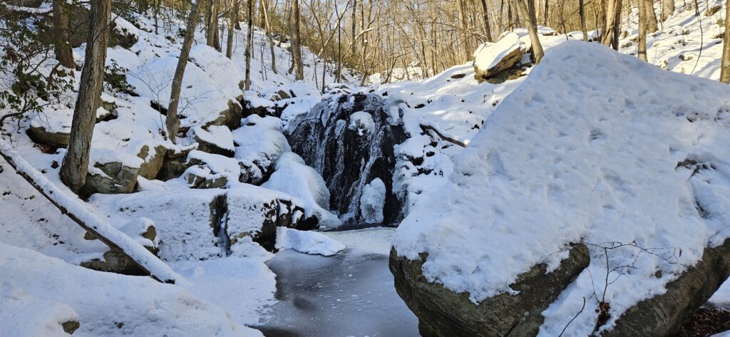 An image of an unnamed waterfall on Posts Brook at Norvin Green State Forest