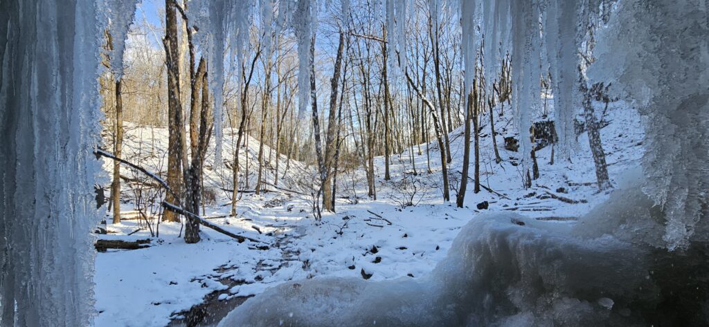 An image from behind Bridal Veil Falls