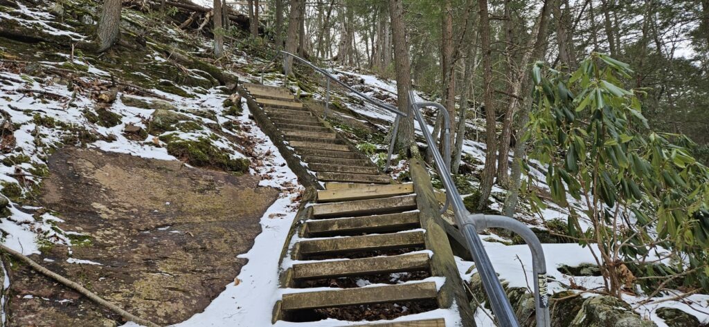 An image of snow covered steps on a hiking trail