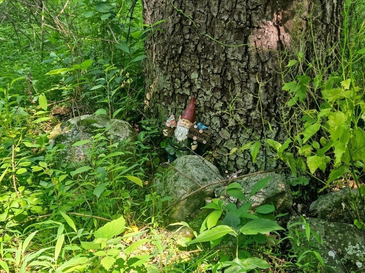 A gnome with a welcome sign at Gnome Hollow Preserve