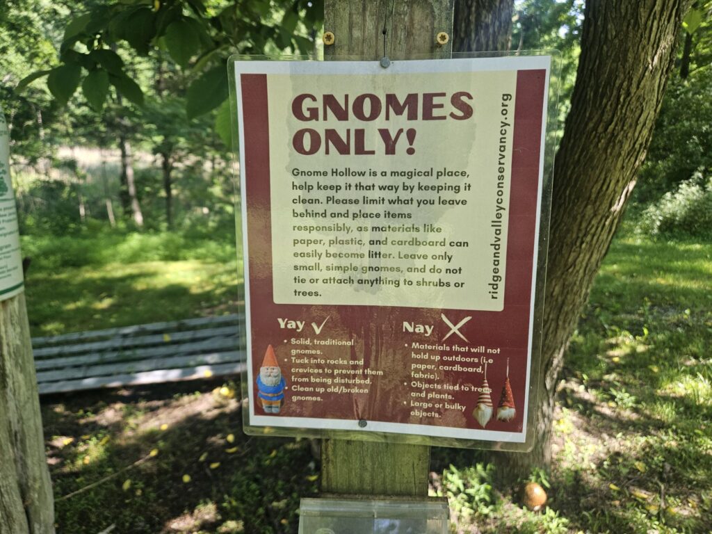 A sign at Gnome Hollow Preserve describing what gnomes are allowed