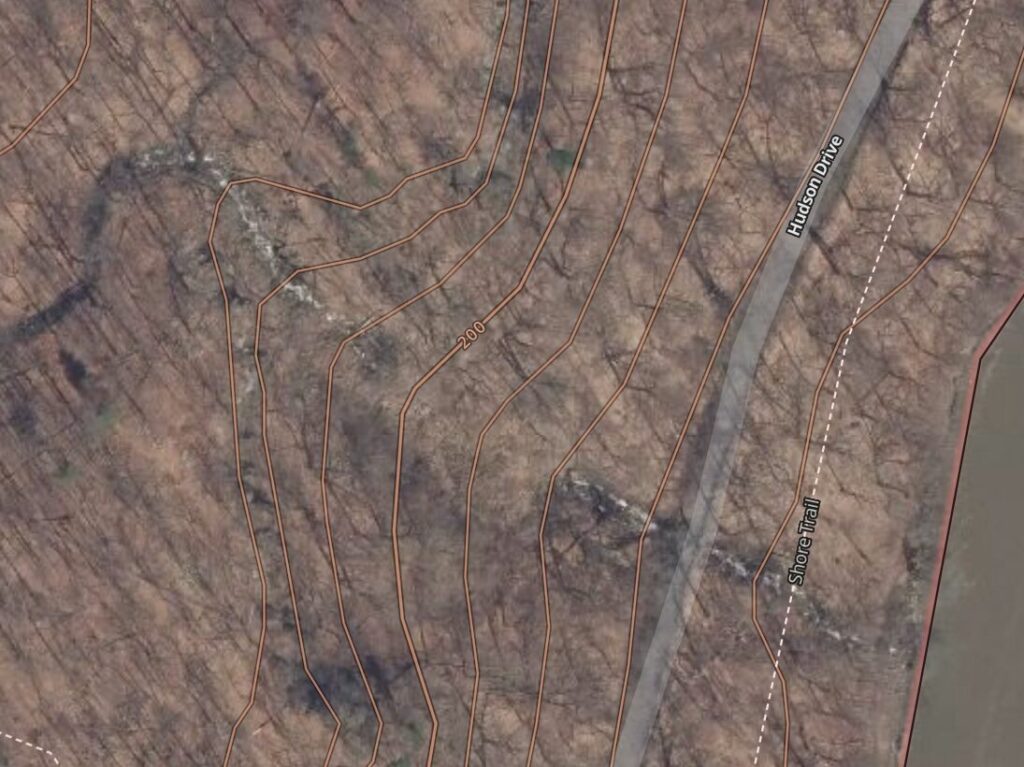 A satellite image of Lost Brook in Palisades Interstate Park, showing the brook disappearing
