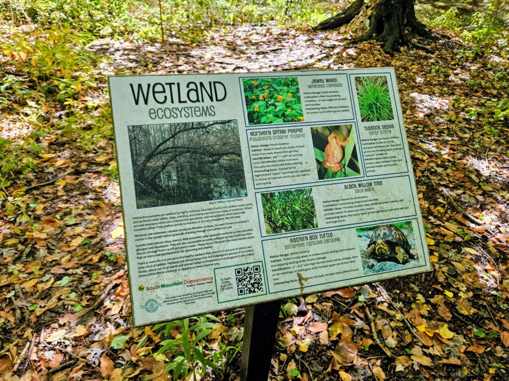 A sign on wetlands in the Wildflower Forest Preserve at South Mountain Reservation