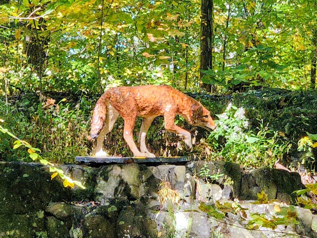 A sculpture of a fox titled “Crossing the Line” by Tricia Zimic at South Mountain Reservation
