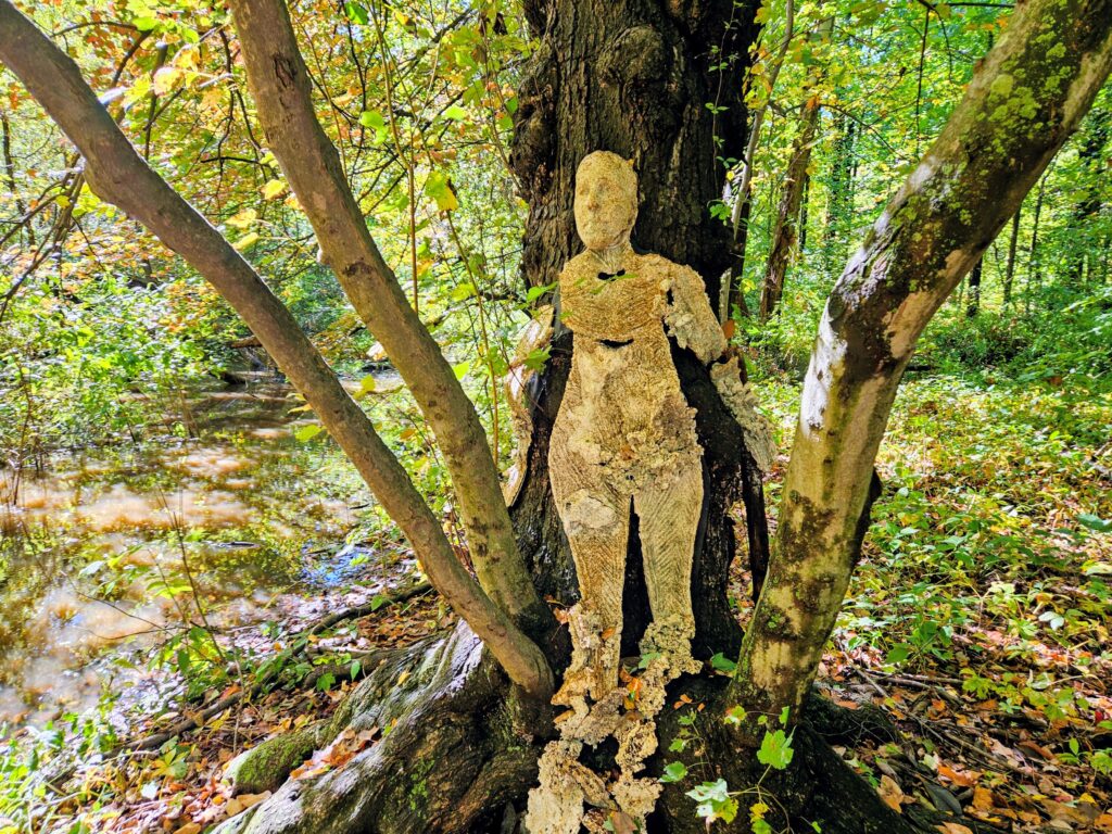 A sculpture of a woman on a tree titled “Mycenae” by Anonda Ball at South Mountain Reservation